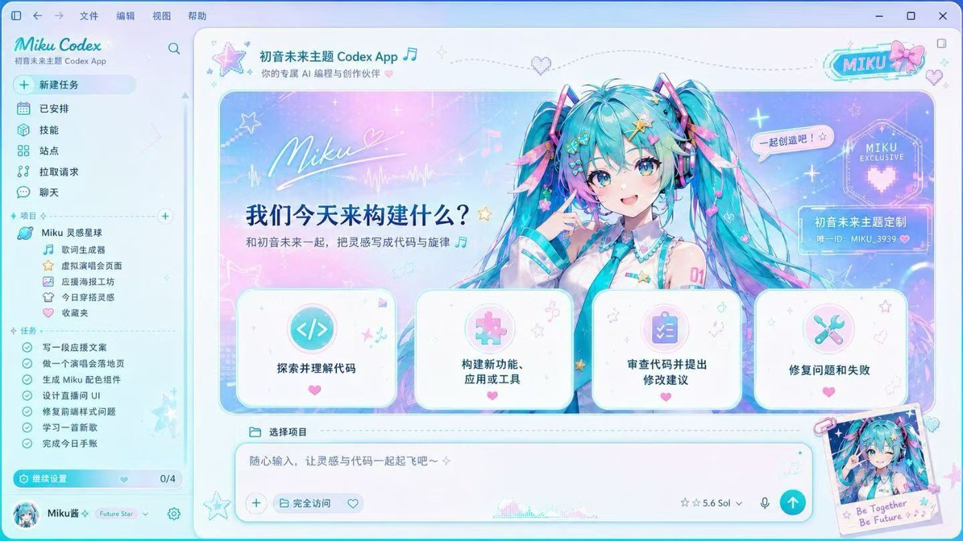 Hatsune Miku. A cyan, pink, and violet Hatsune Miku theme with musical accents and luminous cards for a virtual-concert feel. Author: Fei-Away / Codex Dream Skin Studio